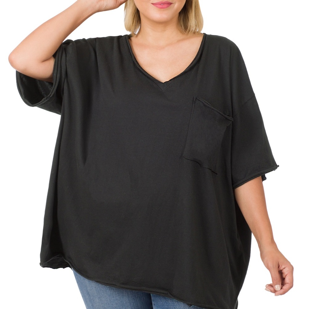 ZENANA Oversized Raw Edge Front Pocket Hi Low Tee Top - Picture 14 of 14